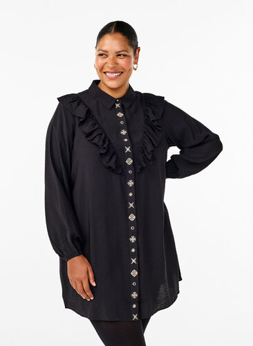 Zizzi Robe chemise avec volants et broderie, Black, Model image number 0