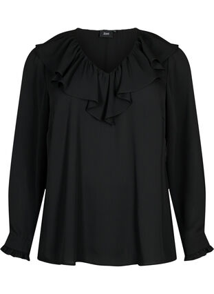 Zizzi Blouse à manches longues à volants, Black, Packshot image number 0