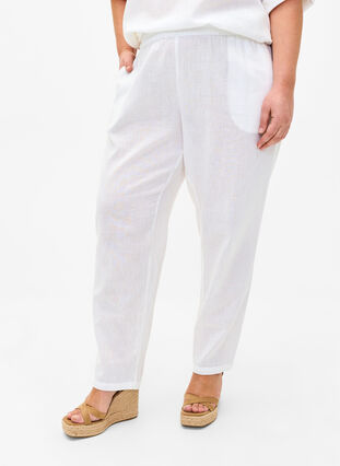 Zizzi Pantalon en coton uni avec du lin, Bright White, Model image number 2