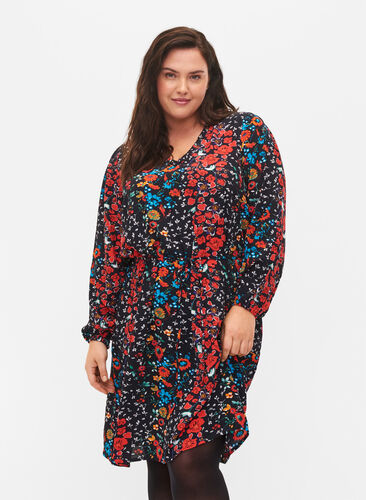 Zizzi Robe à fleurs en viscose, Black Flower, Model image number 0