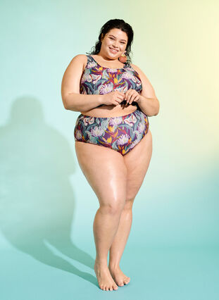 Zizzi Bas de bikini taille haute avec imprimé, Deep Tropical Print, Image image number 0