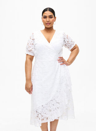 Zizzi Robe cache-cœur avec dentelle et manches courtes, Bright White, Model image number 0