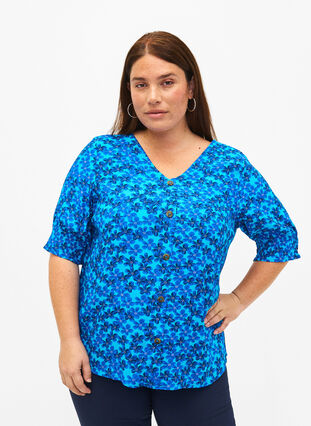 Zizzi Chemisier en viscose avec boutons, Blue Small Flower, Model image number 0