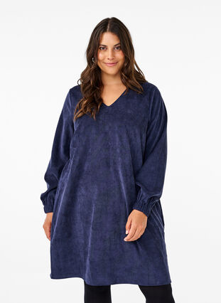 Zizzi Robe courte en velours avec poches, Medieval Blue, Model image number 0