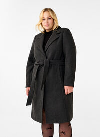 Manteau en laine long avec ceinture, Dark Grey Melange, Model