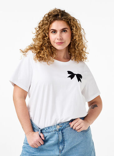 Zizzi T-shirt en coton avec nœud papillon, Bright Wh. W. Black , Model image number 0