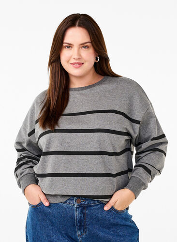 Zizzi Sweatshirt à col rond, MGM w. Black Stripe, Model image number 0