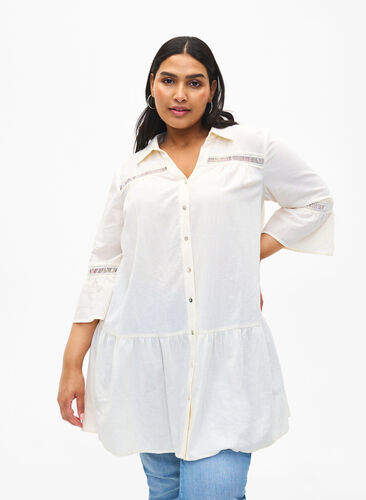 Zizzi Tunique en coton biologique avec des détails féminins, Antique White, Model image number 0