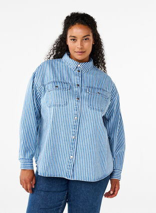 Zizzi Chemise en jean rayée avec poches de poitrine, Light B.Denim Stripe, Model image number 0