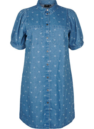 Zizzi Robe en jean à manches courtes avec imprimé cœur, L. Blue D. w. Heart, Packshot image number 0