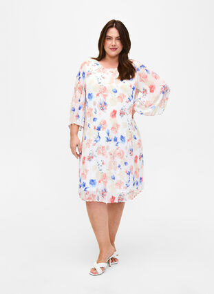 Zizzi Robe plissée imprimée avec lien à nouer, White/Blue Floral, Model image number 2