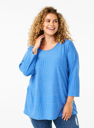 Zizzi Blouse avec manches 3/4 et motif rayé, Princess Blue Mel., Model image number 0