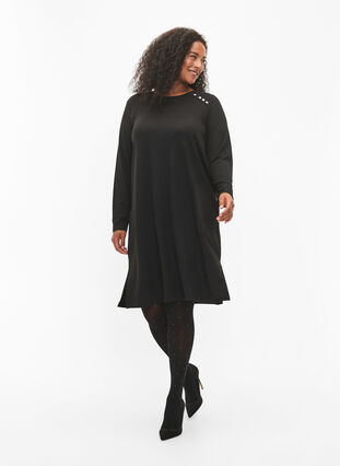 Zizzi Robe en jersey à manches longues avec boutons décoratifs, Black, Model image number 3