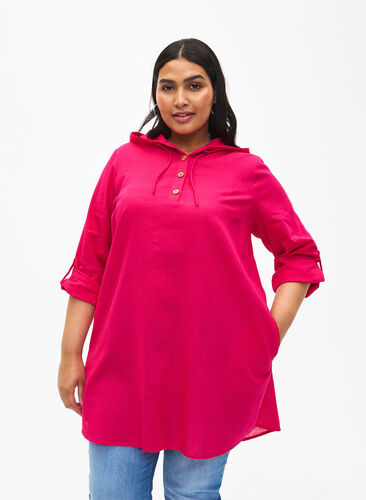 Zizzi Tunique à capuche en coton et lin, Bright Rose, Model image number 0