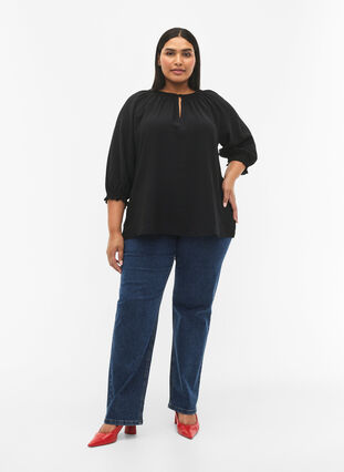 Zizzi Blouse en viscose en forme de A avec des manches 3/4., Black, Model image number 2