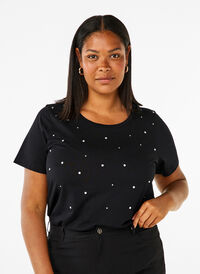 T-shirt en coton avec strass, Black, Model
