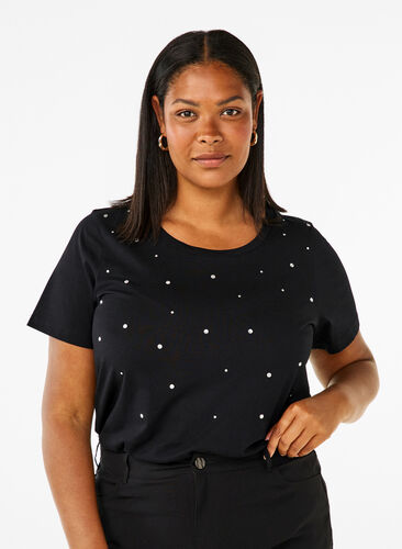 Zizzi T-shirt en coton avec strass, Black, Model image number 0