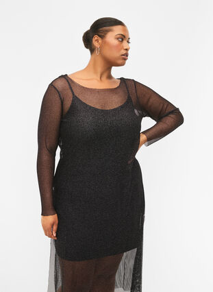 Zizzi Robe filet à manches longues, Black w. Silver, Model image number 2