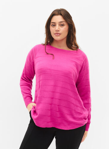 Zizzi Blouse tricotée avec des rayures ton sur ton, Rose Violet, Model image number 0